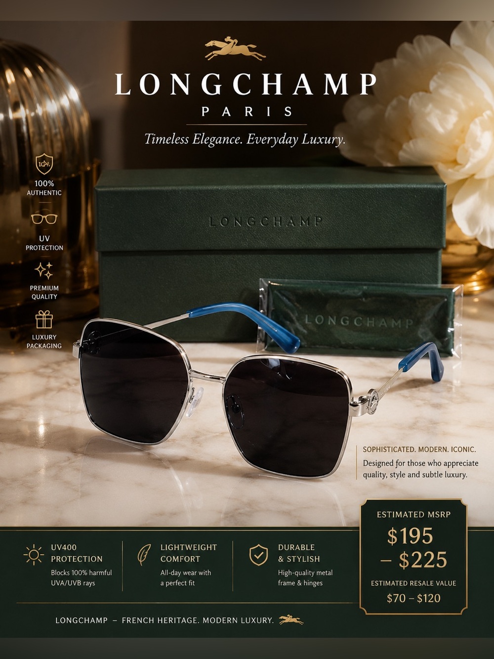 Longchamp Paris Silver Metal Square Sunglasses Blue Temples w/ Case & Cloth